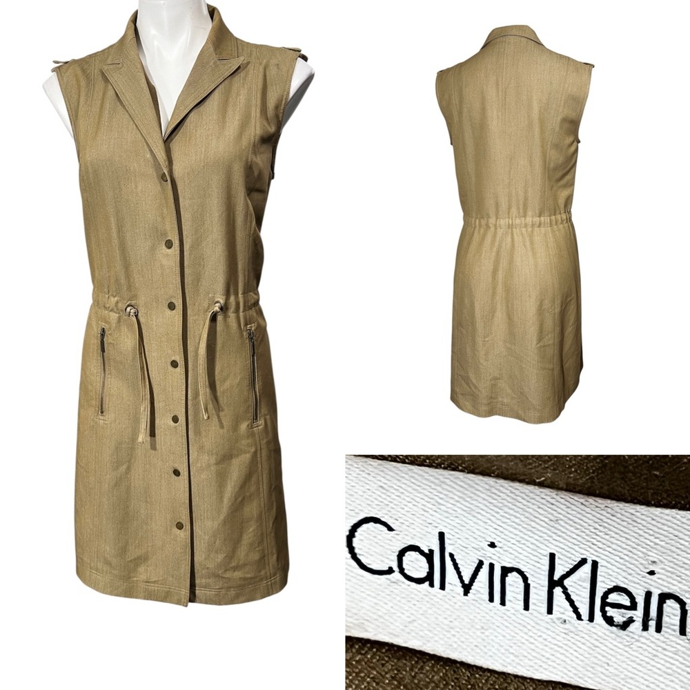 Calvin Klein dress sz 8 tan sleeveless button up office church knee length